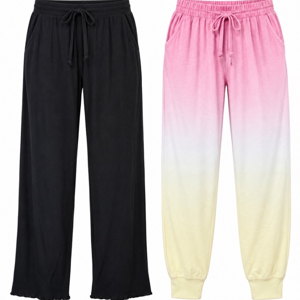 Jenni Intimates Women's 2 Pair XS Lounge Pants Set Black Ribbed Wide Leg Ombre